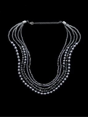 Multi-Strand Grey Pearl / Faceted Crystal Metallic Seed Bead Waterfall Necklace